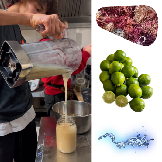 Zubereitung von Sea Moss Gel in einer Küche: Yasin gießt das Gel aus einem Mixer in ein Glas. Daneben sind getrocknetes Sea Moss, Key Limes und Wasser abgebildet – die Hauptzutaten für das Gel.
