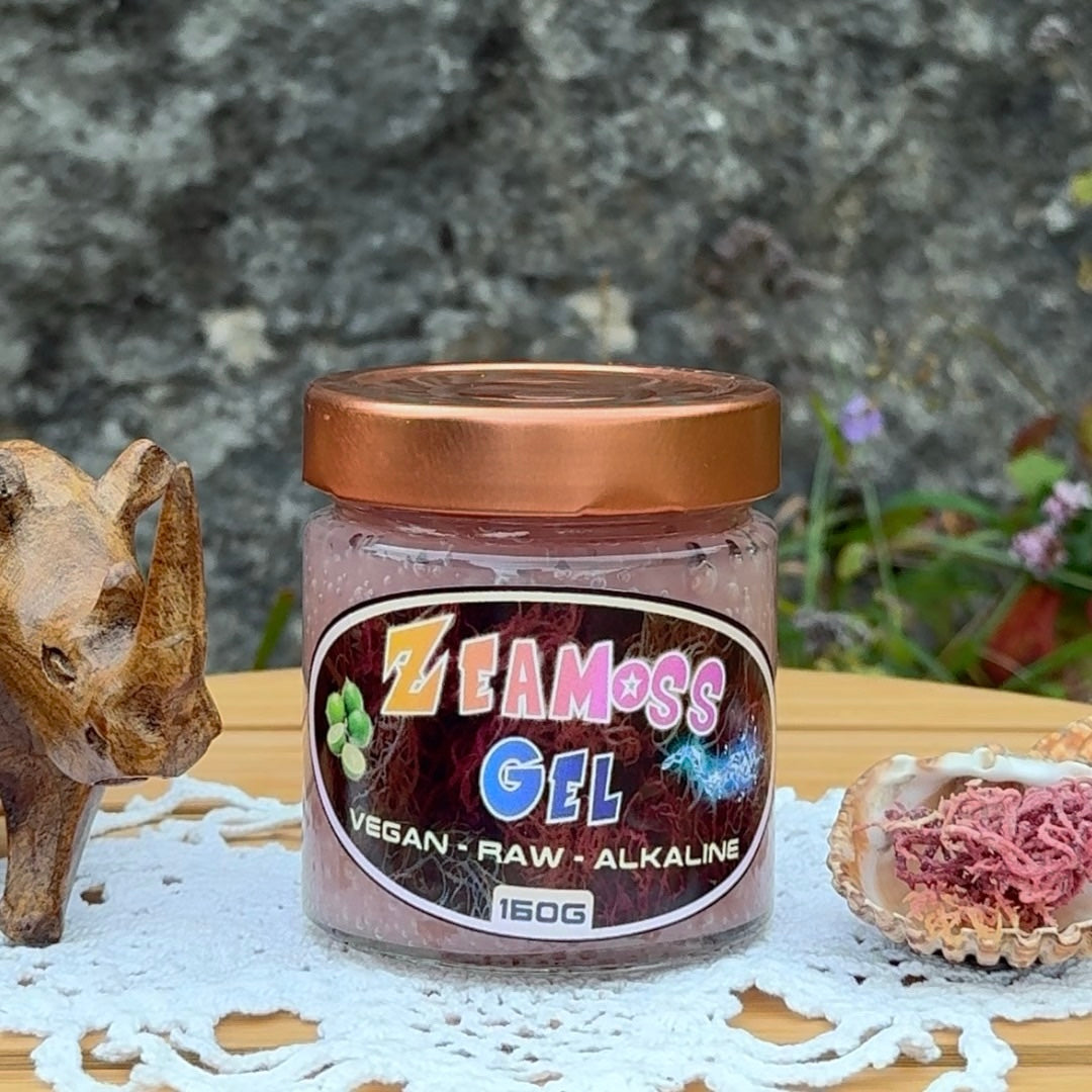 Rainbow Sea Moss Gel von ZeaMoss, 160g Glas mit veganer und roher Rezeptur, perfekt für Smoothies, Gesichtsmasken und mehr, Closeup Produktfoto mit Dekoration