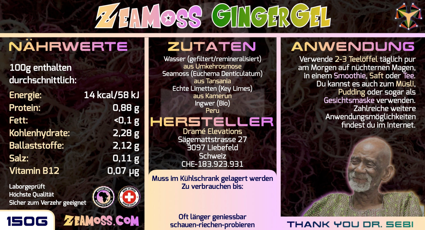 Rückseite des ZeaMoss Ginger Gel Labels - Nährwerte, Zutaten und Anwendungshinweise für das Gel aus Wildcrafted Sea Moss und Bio-Ingwer