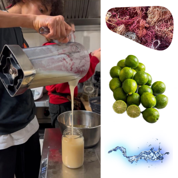Zubereitung von Sea Moss Gel in einer Küche: Yasin gießt das Gel aus einem Mixer in ein Glas. Daneben sind getrocknetes Sea Moss, Key Limes und Wasser abgebildet – die Hauptzutaten für das Gel.