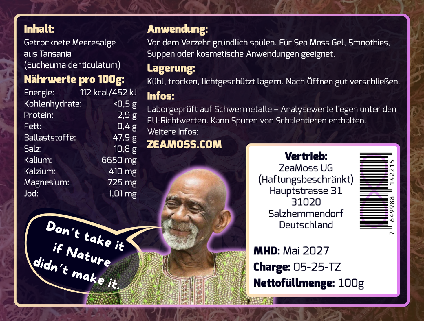Rückseite der ZeaMoss Raw 100g Verpackung mit detaillierten Angaben zu Inhalt, Anwendungshinweisen, Lagerung und Herkunft des Wildcrafted African Sea Moss aus Tansania.