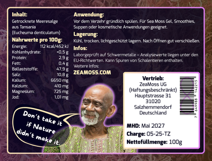 Rückseite der ZeaMoss Raw 100g Verpackung mit detaillierten Angaben zu Inhalt, Anwendungshinweisen, Lagerung und Herkunft des Wildcrafted African Sea Moss aus Tansania.