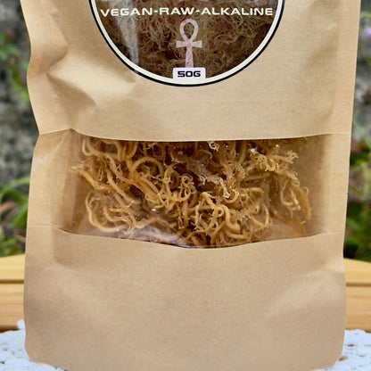 Gold Wildcrafted East African Sea Moss (Euchema Denticulatum), 50g Packung von ZeaMoss, Closeup Bild, präsentiert draußen vor einer Naturkulisse