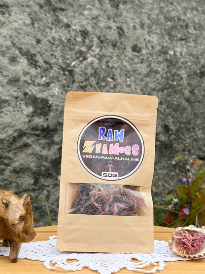 Rainbow Wildcrafted African Sea Moss (Euchema Denticulatum), 50g Packung von ZeaMoss, präsentiert draußen vor einer Naturkulisse mit Holznashorn und Muschel