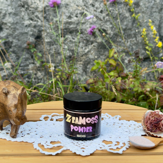 ZeaMoss Powder 50g Wildcrafted Rainbow Sea Moss (Euchema Denticulatum) aus East Africa, Tansania, präsentiert draußen vor einer Naturkulisse mit Blumen, Dekoration mit Holznashorn, Muschel mit Rohalge und Holzlöffel mit Pulver