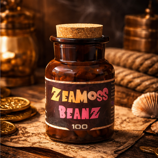 ZeaMoss Beanz 100 Sea Moss Kapseln (Full Spectrum) im Glas, präsentiert auf Tisch mit dekorativen Elementen wie Münzen, Karte und Muschel
