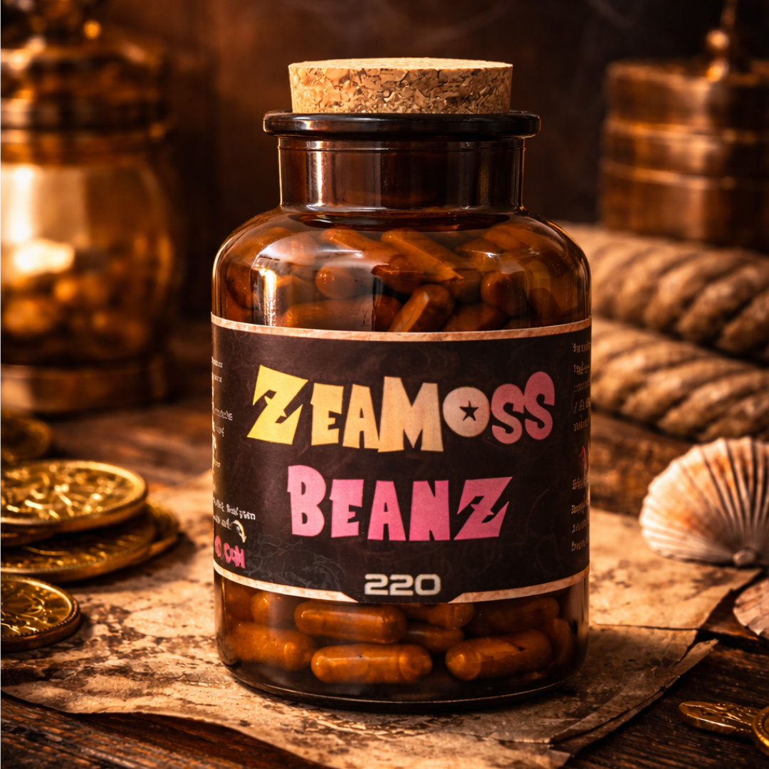 ZeaMoss Beanz 220 – Glas mit Sea Moss Kapseln (Full Spectrum) auf Tisch mit dekorativen Elementen wie Münzen, Karte und Muschel