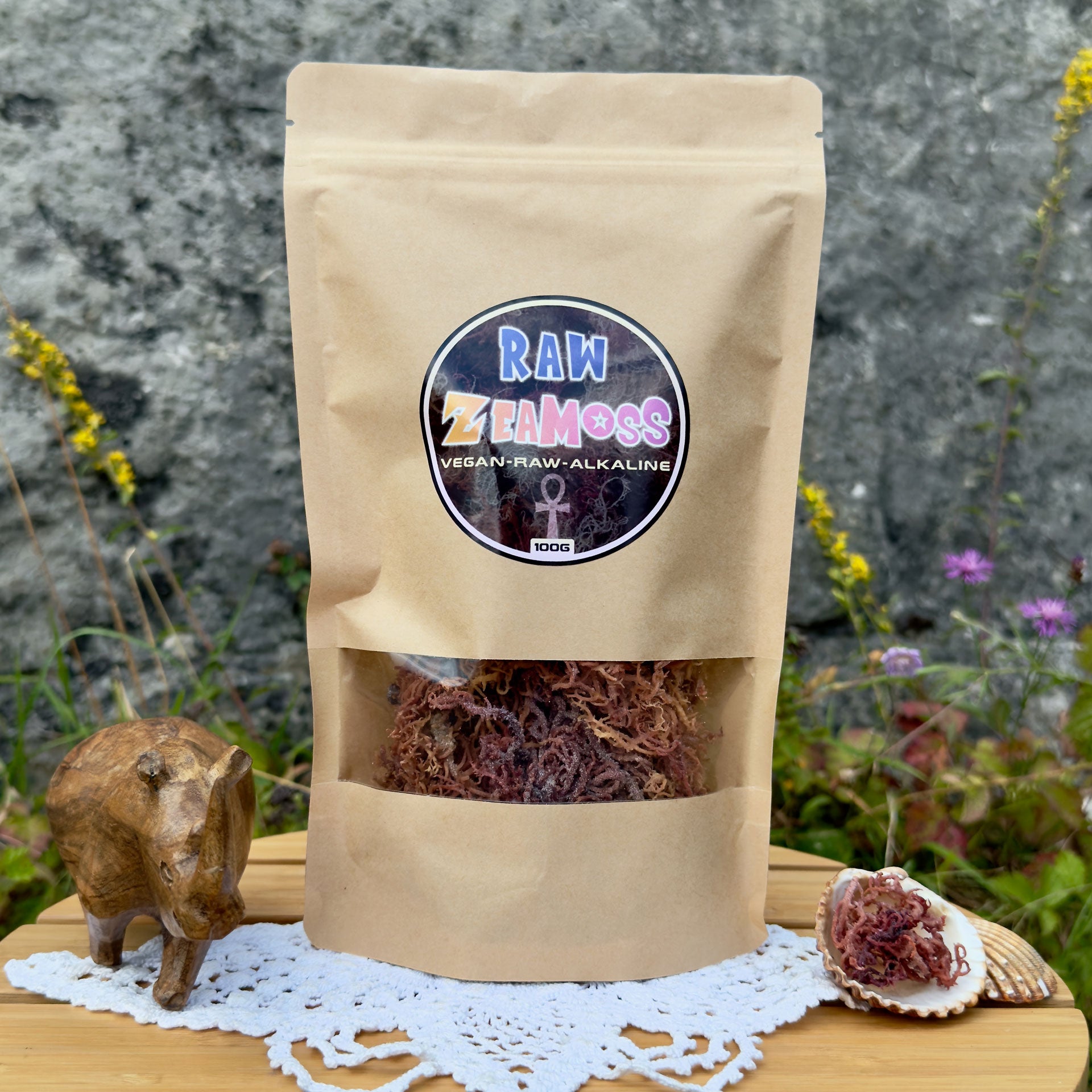 ZeaMoss Raw 100g Rainbow Packung aus Wildcrafted African Sea Moss (Euchema Denticulatum), präsentiert vor einer Steinwand in natürlicher Umgebung. Links ein Holznashorn, rechts eine Muschel mit Sea Moss Rohware.