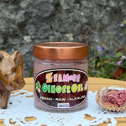 Rainbow Sea Moss Ginger Gel von ZeaMoss, 160g Glas Produktfoto, Closeup Bild, Gel mit veganer und roher Rezeptur, perfekt für Smoothies, Gesichtsmasken und mehr, Closeup Produktfoto mit Dekoration