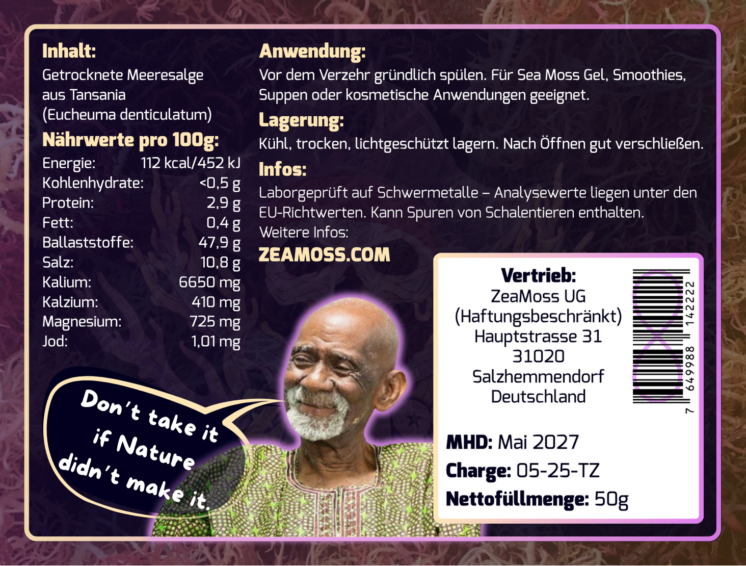 Rückseite der ZeaMoss Raw 50g Verpackung mit detaillierten Nährwerten, Anwendungshinweisen, Informationen und Herkunft des Wildcrafted African Sea Moss aus Tansania, Dr. Sebi mit Zitat