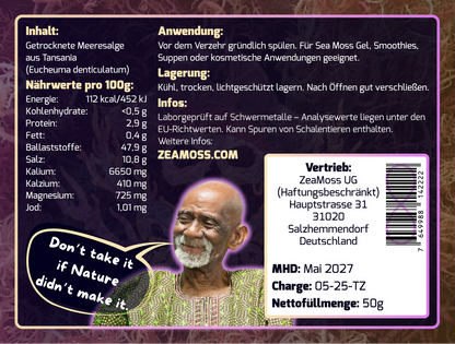 Rückseite der ZeaMoss Raw 50g Verpackung mit detaillierten Nährwerten, Anwendungshinweisen, Informationen und Herkunft des Wildcrafted African Sea Moss aus Tansania, Dr. Sebi mit Zitat
