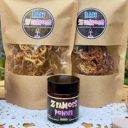 Detailansicht von Sea Moss Raw 25g Rainbow, 25g Sea Moss Gold und 25g Full Spectrum Sea Moss Pulver